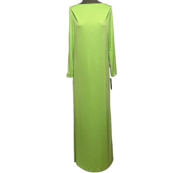 Vintage HALSTON IV Dorian Lime Green Long Sleeved Boat Neck Column Maxi Dress - Picture 2 of 16